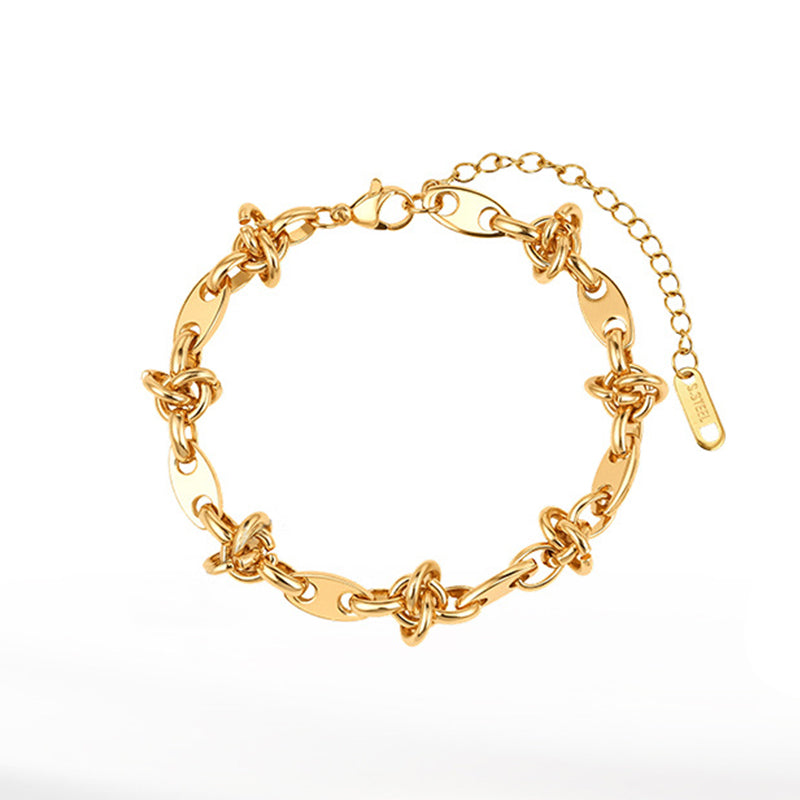 Gold Plated Stainless Steel Knotted Link Bracelet, Oval Paperclip Links with Hand Tied Knot Details, Adjustable
