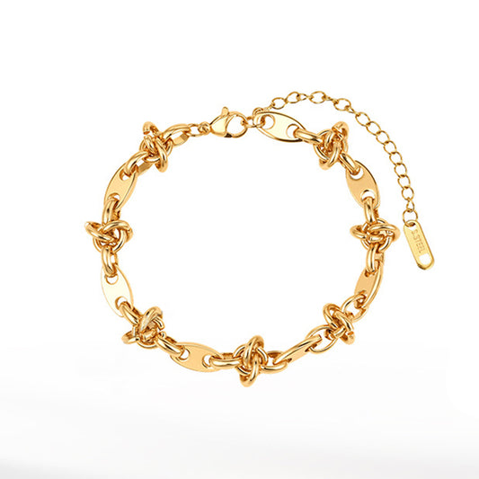 Gold Plated Stainless Steel Knotted Link Bracelet, Oval Paperclip Links with Hand Tied Knot Details, Adjustable