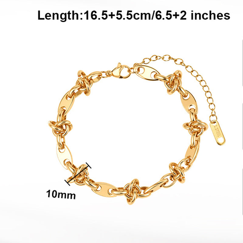 Gold Plated Stainless Steel Knotted Link Bracelet, Oval Paperclip Links with Hand Tied Knot Details, Adjustable