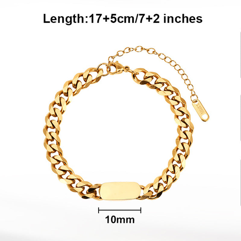Gold Plated Stainless Steel Chunky Curb Chain Bracelet, Blank Rectangular Engravable Tag, Adjustable Extension