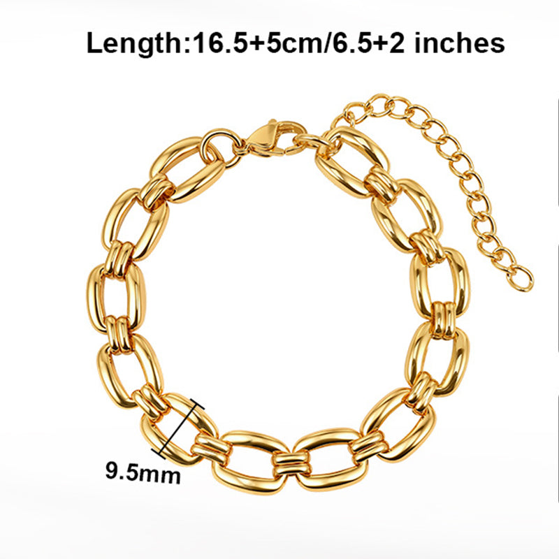 Gold Plated Stainless Steel Large Oval Link Bracelet, Thick Interlocked Elongated Chain Links, Adjustable
