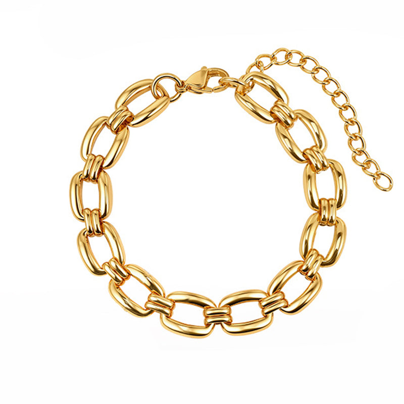 Gold Plated Stainless Steel Large Oval Link Bracelet, Thick Interlocked Elongated Chain Links, Adjustable