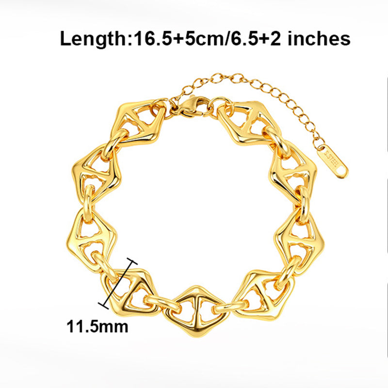 Gold Plated Stainless Steel Hollow Rhombus Link Bracelet, Openwork Diamond Shaped Chain Links, Adjustable Extension