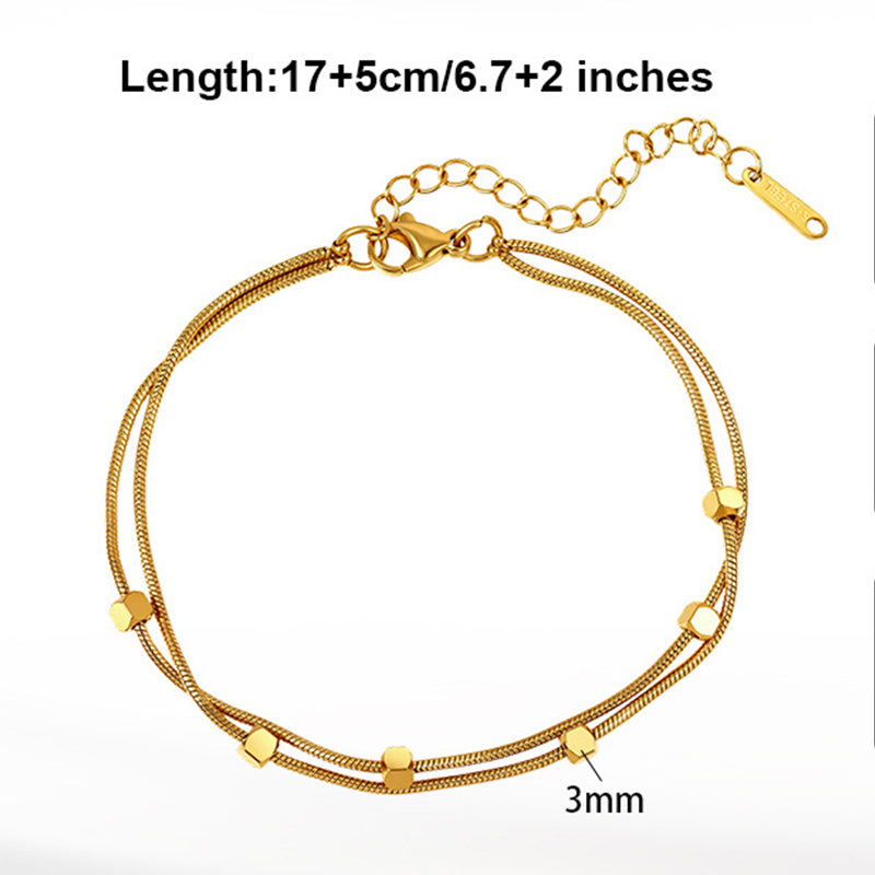 Gold Plated Stainless Steel Double Layer Snake Chain Bracelet, Hexagon Cube Bead Accents, Adjustable Extension Chain