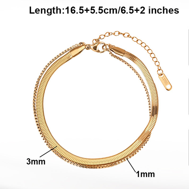 Gold Plated Stainless Steel Double Flat Herringbone Snake Bracelet, Stackable Thin Fishbone Chain, Adjustable