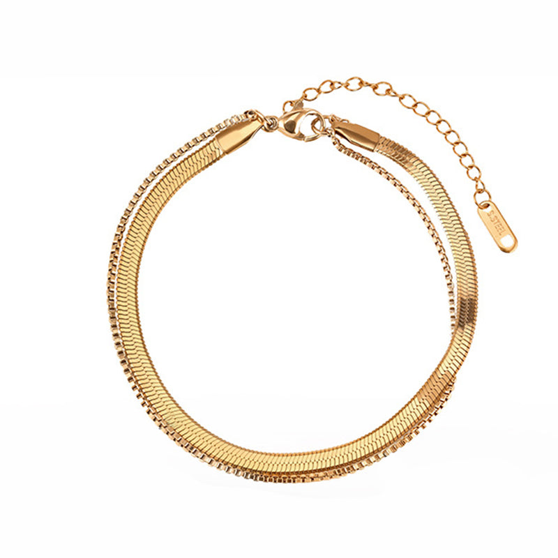 Gold Plated Stainless Steel Double Flat Herringbone Snake Bracelet, Stackable Thin Fishbone Chain, Adjustable