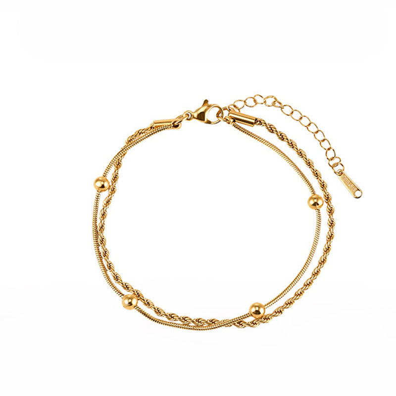 Gold Plated Stainless Steel Double Chain Bracelet, Twisted Rope Chain & Snake Chain with Round Ball Charms, Adjustable
