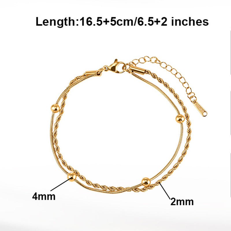 Gold Plated Stainless Steel Double Chain Bracelet, Twisted Rope Chain & Snake Chain with Round Ball Charms, Adjustable