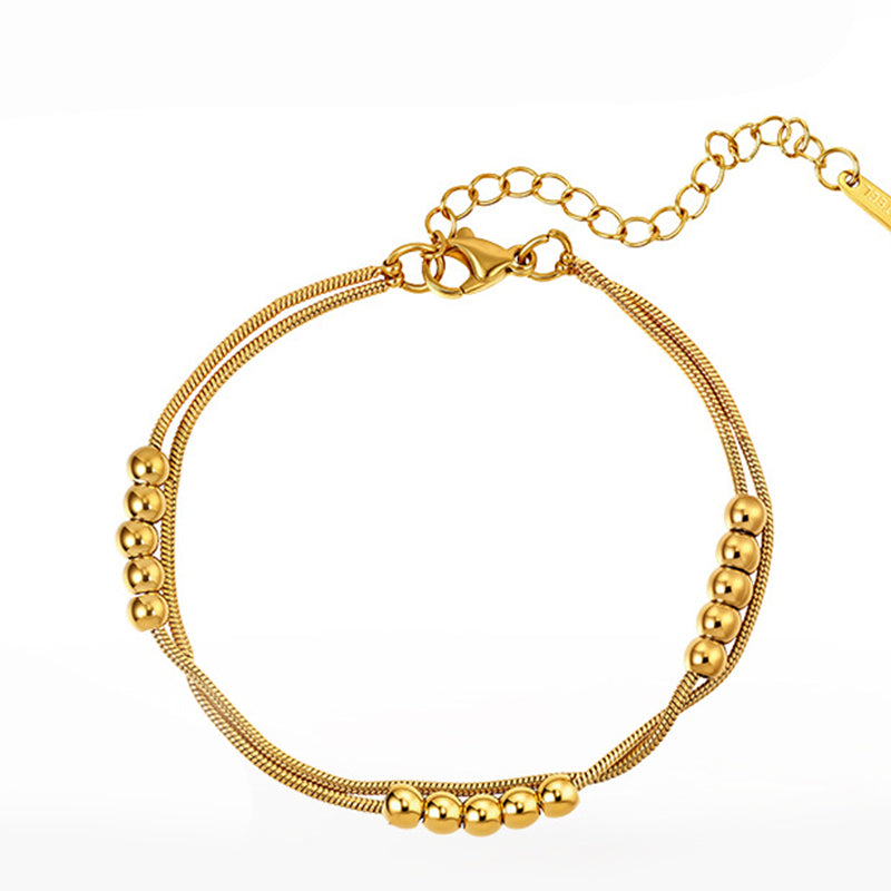 Gold Plated Stainless Steel Dual Layer Snake Chain Bracelet, Cluster Round Ball Beads Decorations, Adjustable Extension