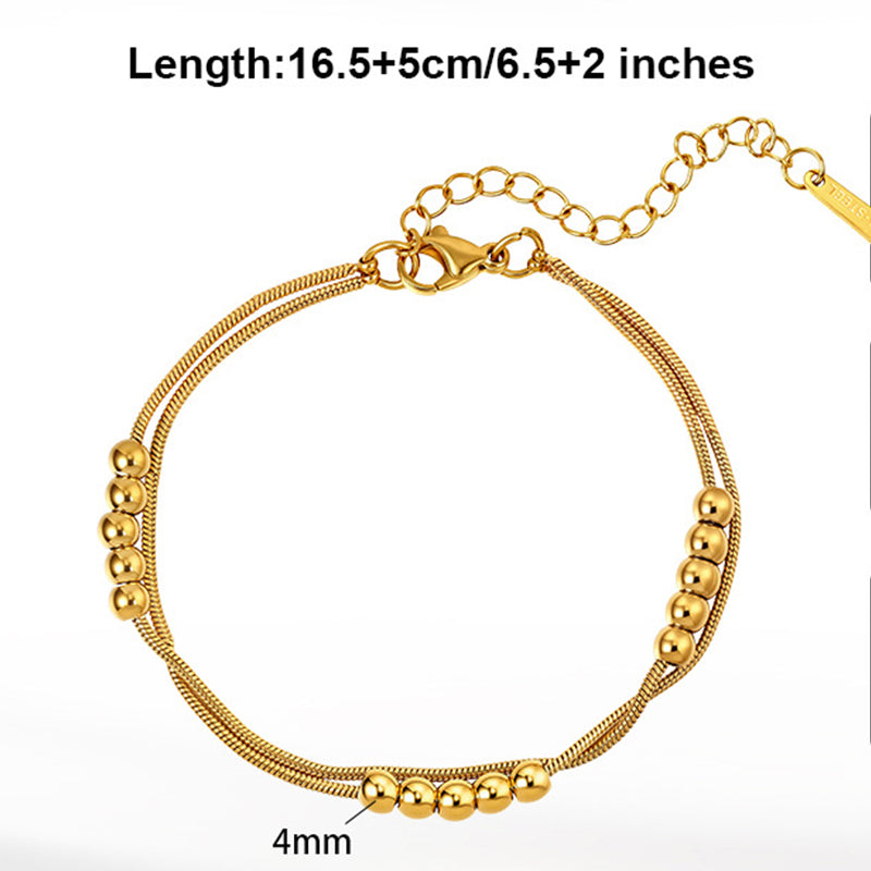 Gold Plated Stainless Steel Dual Layer Snake Chain Bracelet, Cluster Round Ball Beads Decorations, Adjustable Extension