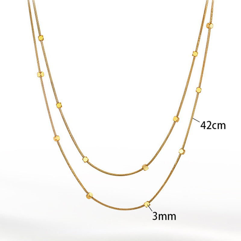 Gold Stainless Steel Double Layer Station Necklace, Thin Snake Chain with Small Square Flat Beads, 2-Tier Stackable Design