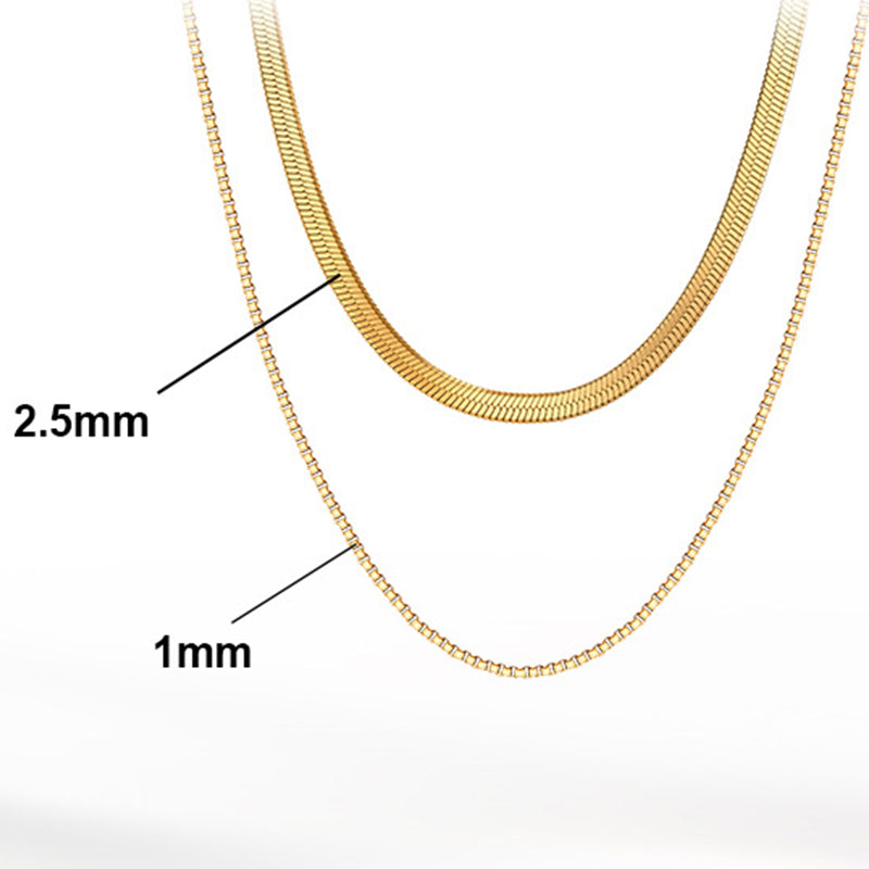 Gold Stainless Steel Layered Necklace, Double Stacked Herringbone & Box Chain Two Layer Choker Necklace