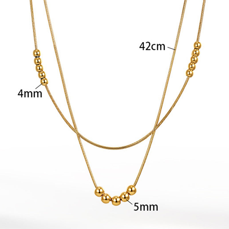 Gold Stainless Steel Double Layer Beaded Necklace, Multi Round Ball Station Beads Snake Chain Layered Choker
