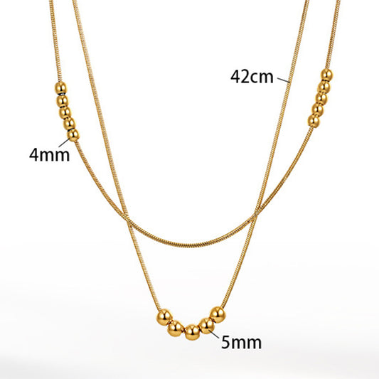 Gold Stainless Steel Double Layer Beaded Necklace, Multi Round Ball Station Beads Snake Chain Layered Choker