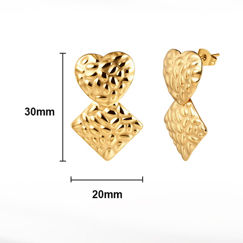 Gold Plated Stainless Steel Hammered Heart & Square Drop Stud Earrings