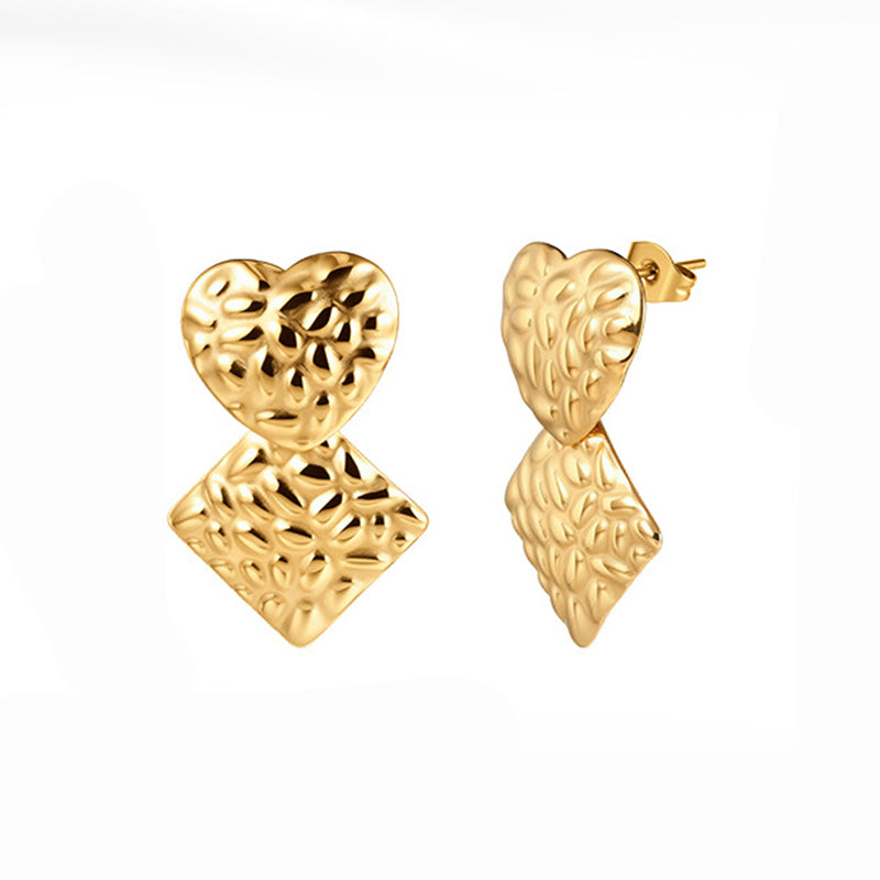 Gold Plated Stainless Steel Hammered Heart & Square Drop Stud Earrings