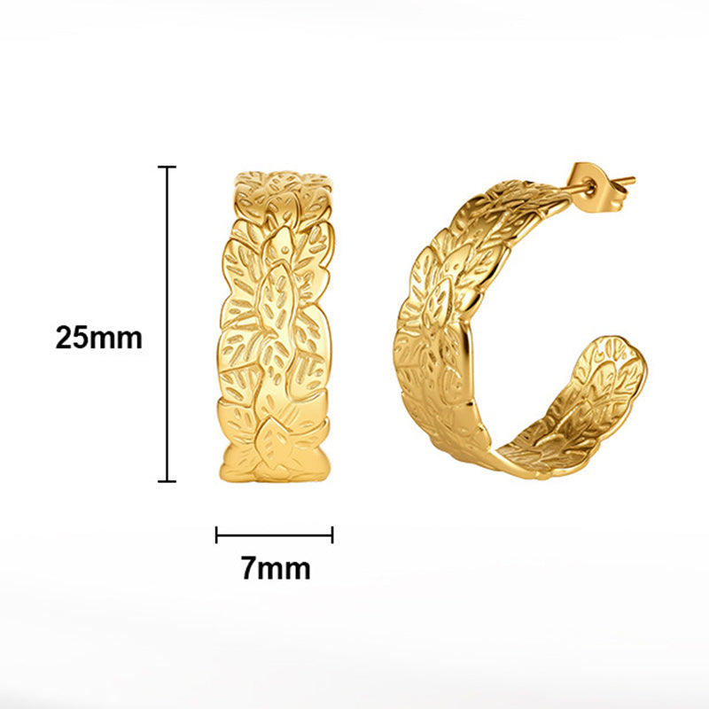 Gold Plated Stainless Steel Wide C Hoop Earrings with Embossed Leaf Pattern