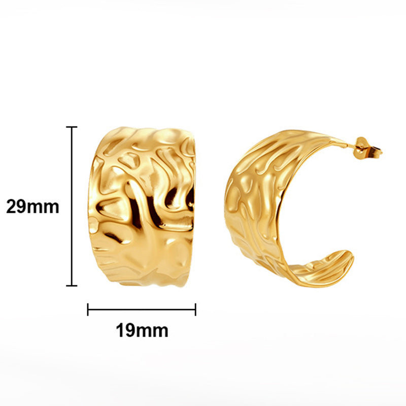 Gold Plated Stainless Steel Hammered Irregular Texture Wide C-Shaped Hoop Earrings