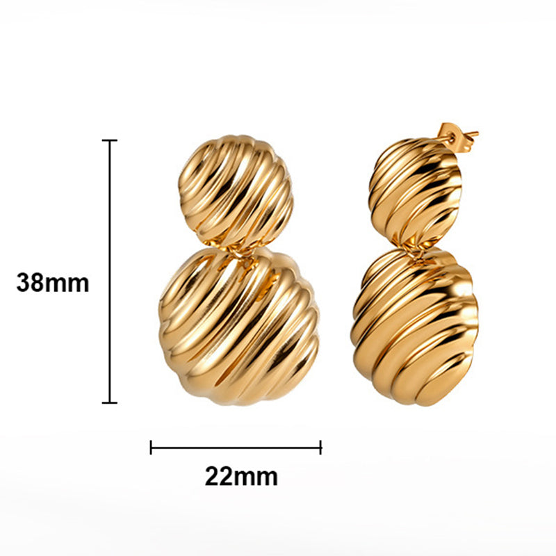 Gold Plated Stainless Steel Double Twisted Ribbed Sphere Drop Stud Earrings