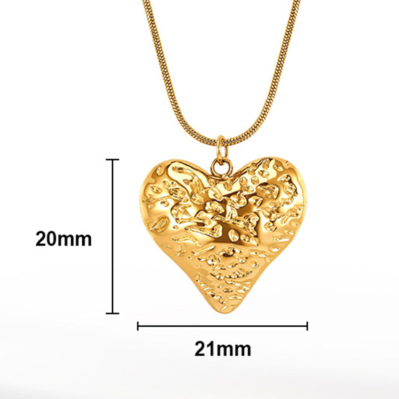 Gold Stainless Steel Hammered Heart Pendant Necklace, Textured Wavy Heart Charm Snake Chain Necklace