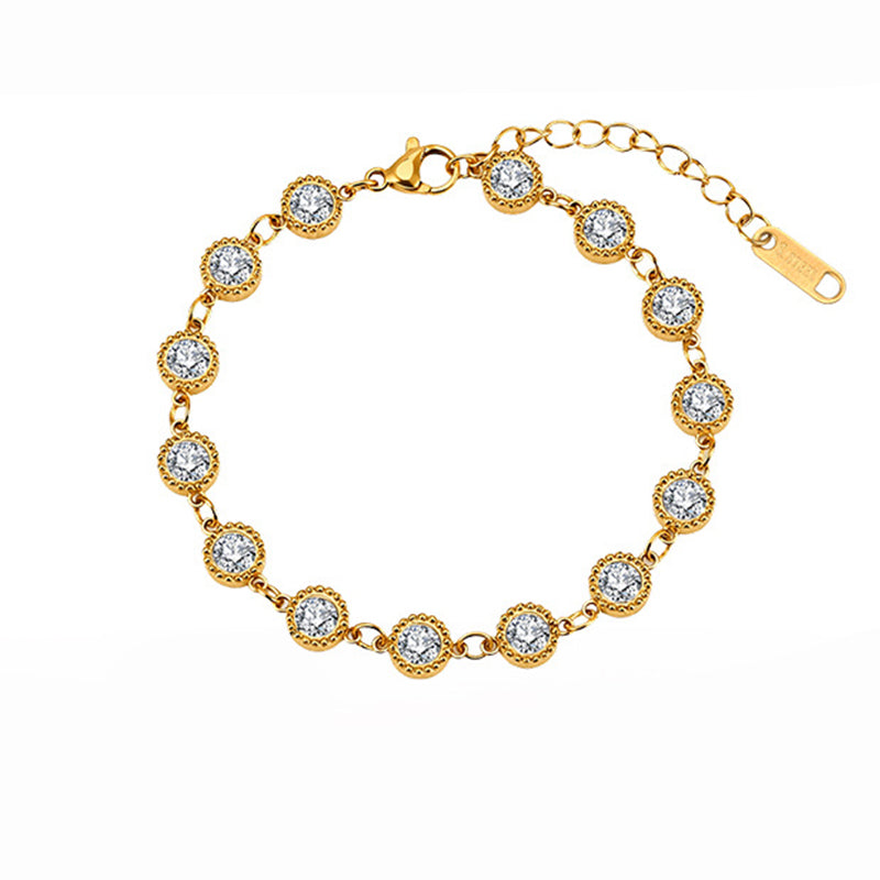 Gold Plated Stainless Steel Round Bezel CZ Bracelet, Milgrain Edge Cubic Zirconia Station Links, Adjustable Extension Chain