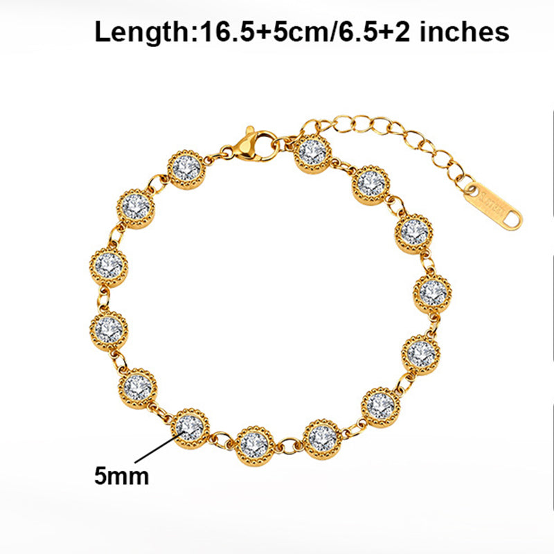 Gold Plated Stainless Steel Round Bezel CZ Bracelet, Milgrain Edge Cubic Zirconia Station Links, Adjustable Extension Chain