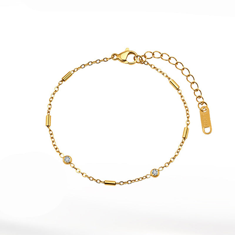 Gold Plated Stainless Steel Delicate Chain Bracelet, Tiny Tube Beads & 2 Round CZ Stones, Adjustable Extension Chain