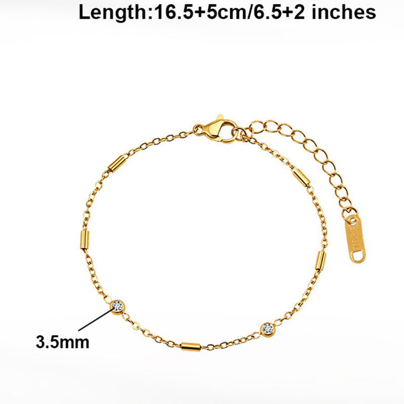 Gold Plated Stainless Steel Delicate Chain Bracelet, Tiny Tube Beads & 2 Round CZ Stones, Adjustable Extension Chain