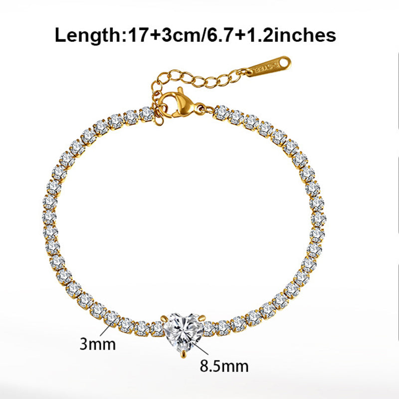 Gold Plated Stainless Steel Heart CZ Tennis Bracelet, Paved Cubic Zirconia Heart Center Stone, Adjustable Extension