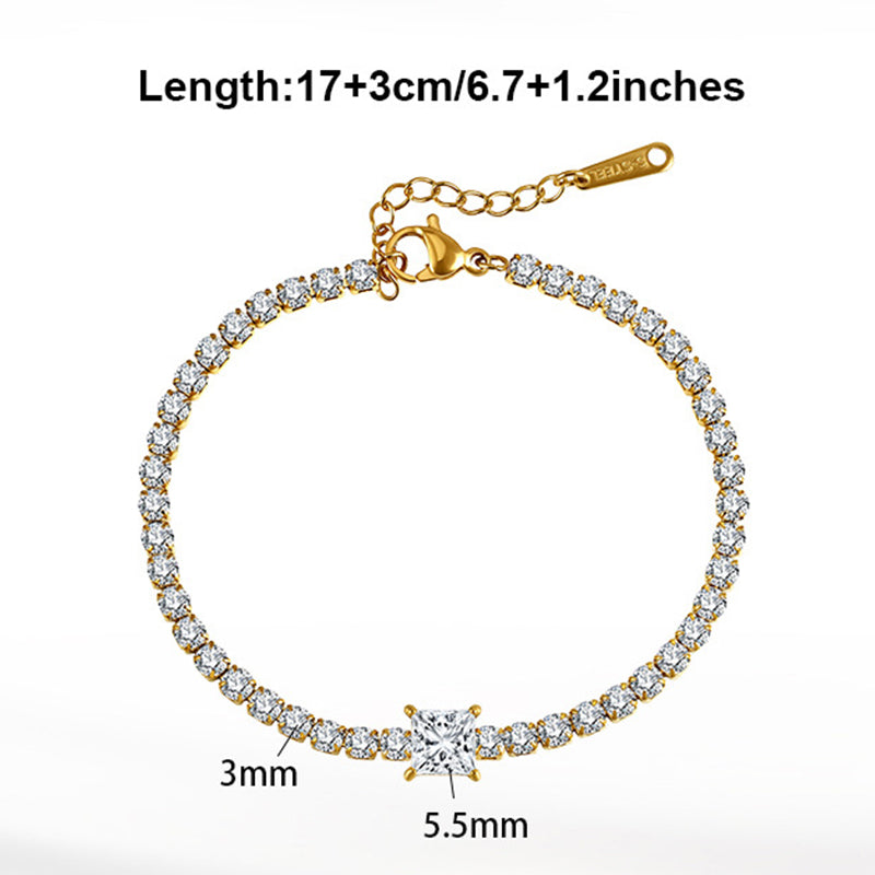Gold Plated Stainless Steel Tennis Bracelet, Princess Square CZ Center Stone with Pave Round CZ Stones