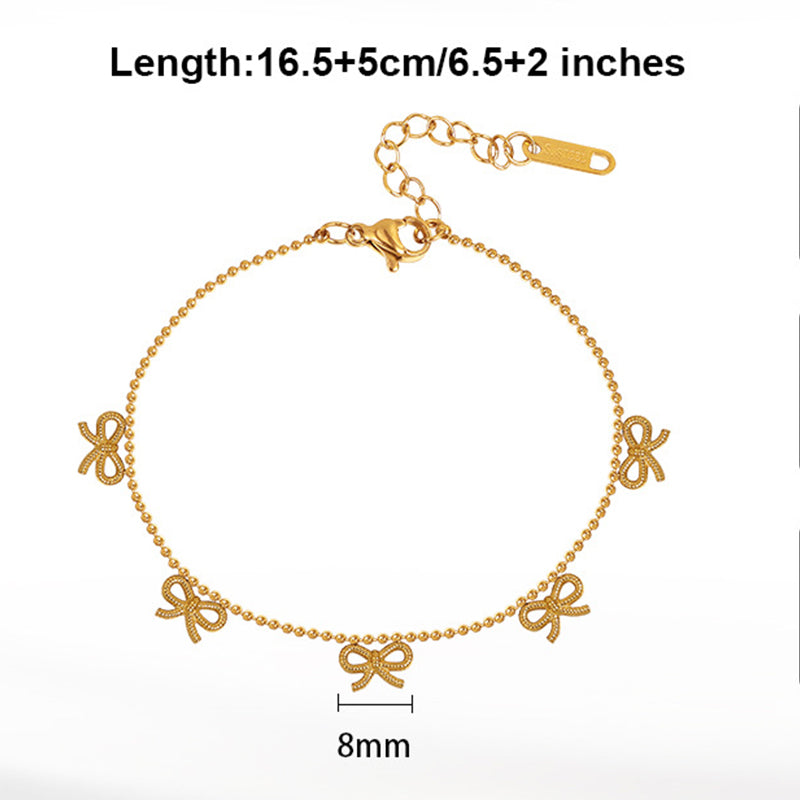 Silver Stainless Steel Ball Chain Bracelet, Micro Paved CZ Bowknot Charms, Delicate Dainty Design, Adjustable