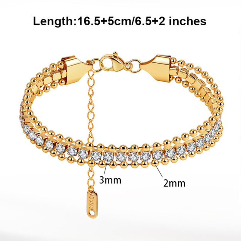 Silver Stainless Steel Multi Strand Beaded Bracelet, Layered Round Ball Beads with Inlaid CZ Stones, Adjustable Extension