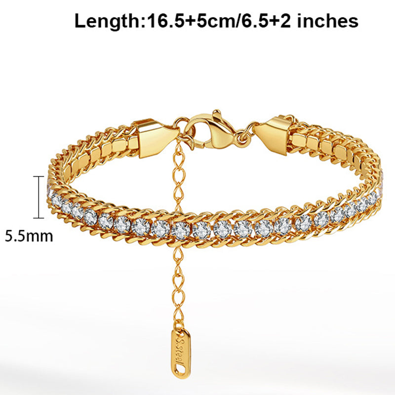 Silver Stainless Steel Double Row CZ Braided Bracelet, Inlaid Cubic Zirconia Woven Chain, Adjustable Extension