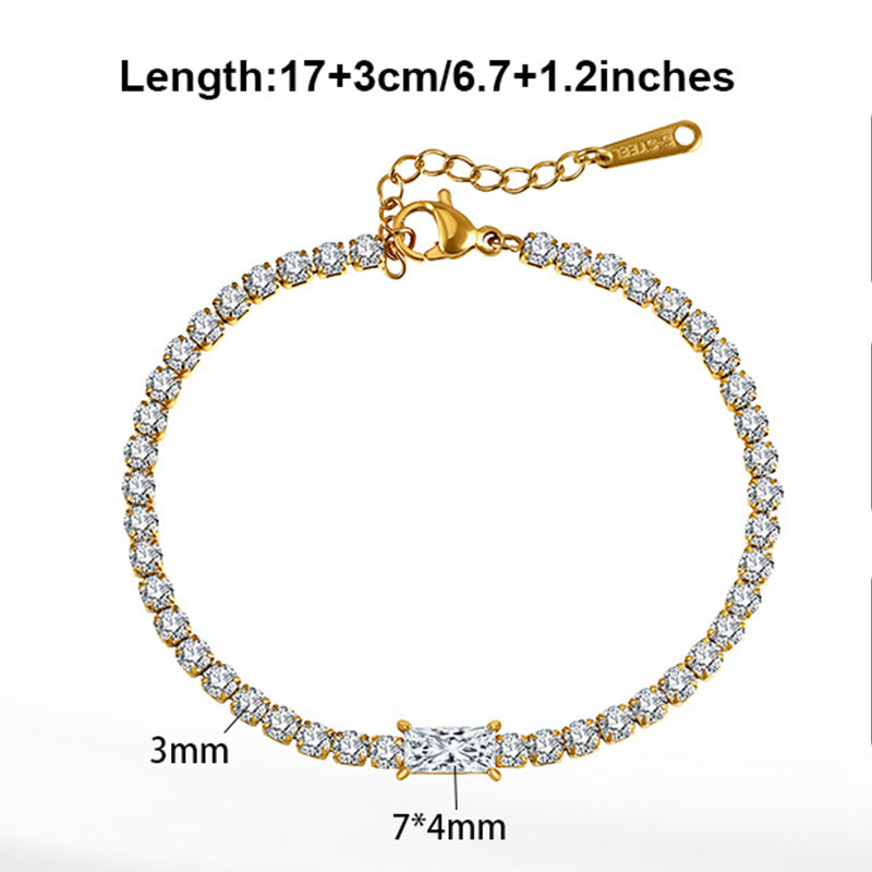 Gold Plated Stainless Steel Rectangle CZ Tennis Bracelet, Baguette Cut Cubic Zirconia Center Stone, Adjustable Extension