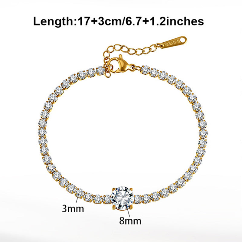 Gold Plated Stainless Steel Round CZ Tennis Bracelet, Brilliant Cut Round Cubic Zirconia Center Stone, Adjustable Extension