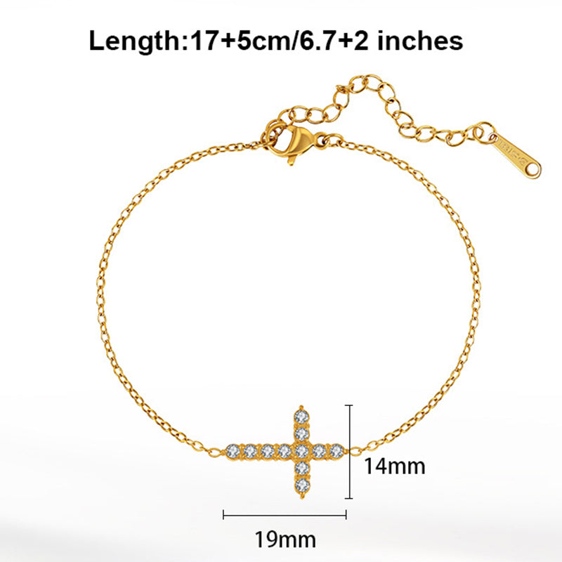 Gold Plated Stainless Steel Dainty Cross Bracelet, Cross Charm Inlaid with Clear Round CZ Stones, Thin Cable Chain