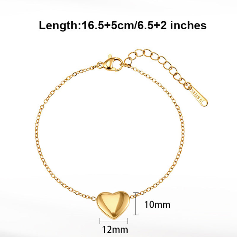 Gold Plated Stainless Steel Puffy Heart Bracelet, Solid 3D Heart Charm on Thin Adjustable Cable Chain