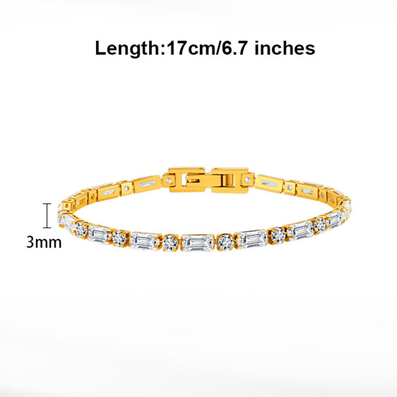 Gold Plated Stainless Steel Emerald Cut CZ Link Bracelet, Rectangle Baguette Cut Zirconia Stone Setting