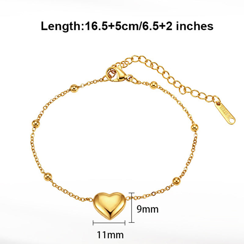 Silver Stainless Steel Puffy Heart Bracelet, 3D Heart Charm with Spherical Beads, Adjustable Extension Chain