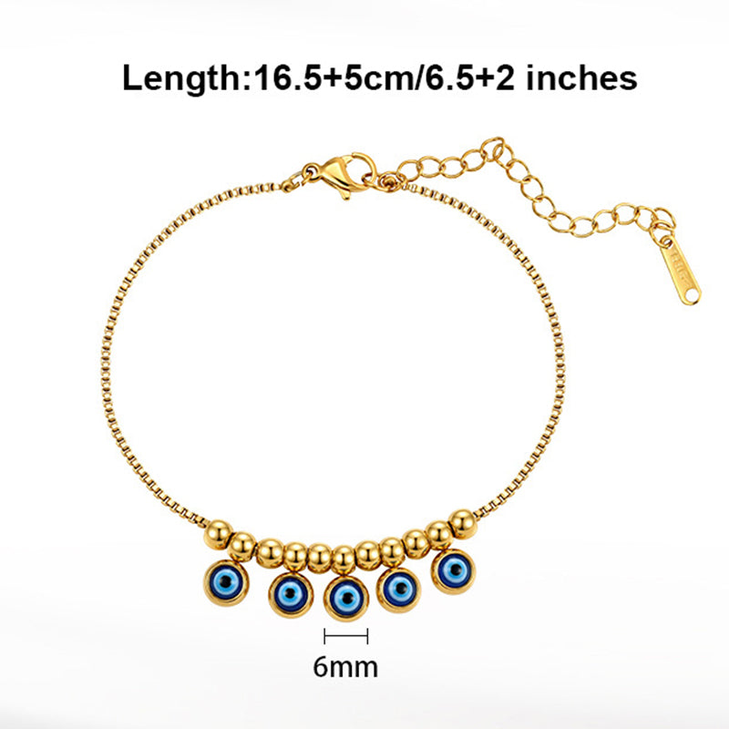 Gold Plated Stainless Steel Box Chain Bracelet, Evil Eye Charms Dangling with Gold Beads, Adjustable Size