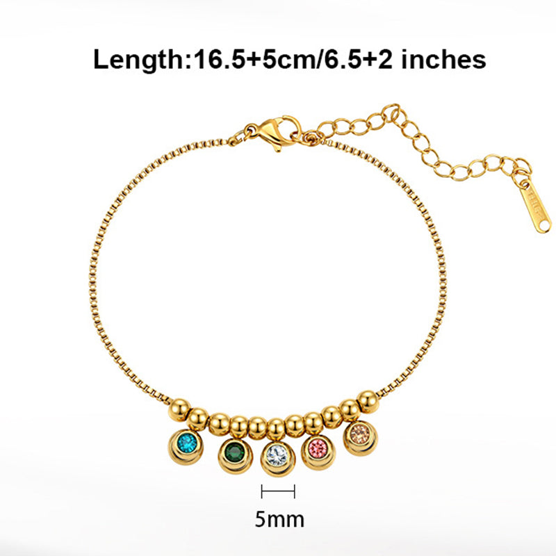 Gold Plated Stainless Steel Box Chain Bracelet, Multicolor Round CZ Drop Charms & Gold Spacer Beads