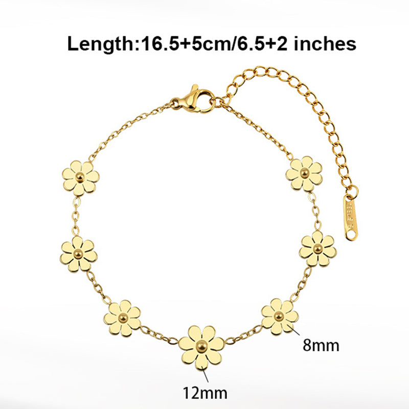 Gold Plated Stainless Steel Daisy Flower Bracelet, Multiple Daisy Charms on Thin Cable Chain, Adjustable