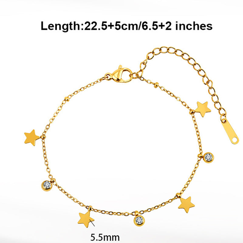 Gold Plated Stainless Steel Dainty Star Bracelet, 3 Star Charms & 3 Bezel Set Round CZ Stones, Adjustable Extension Chain