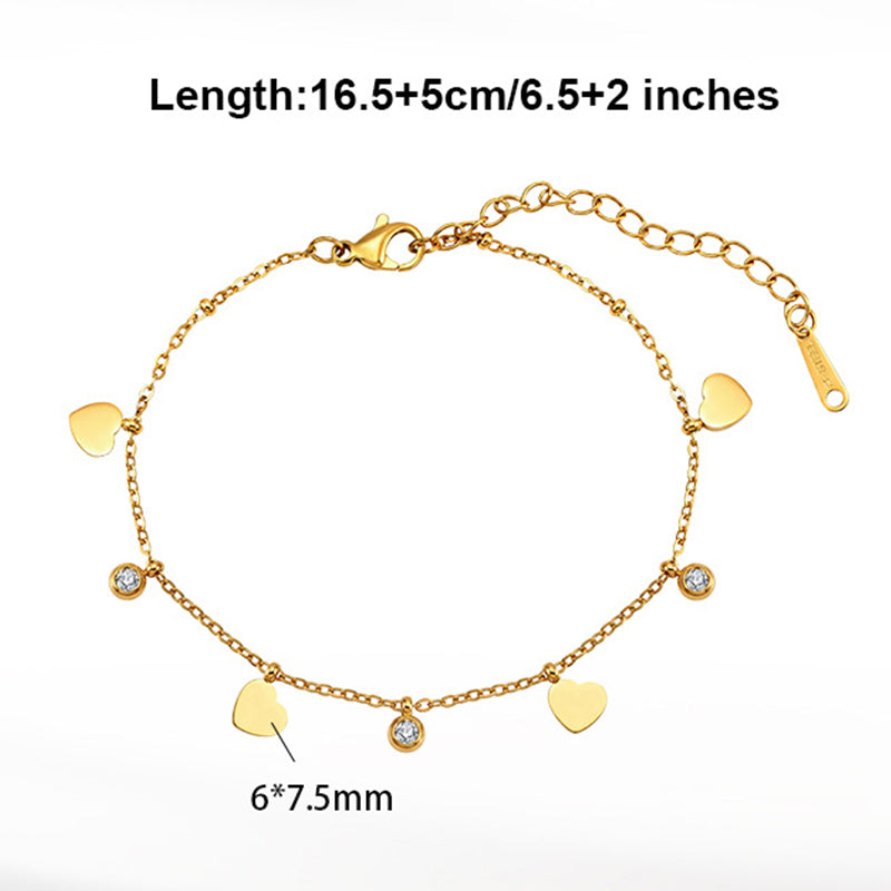 Gold Plated Stainless Steel Heart Charm Bracelet, 4 Flat Heart Pendants & 3 Bezel Round CZ Stones, Thin Cable Chain