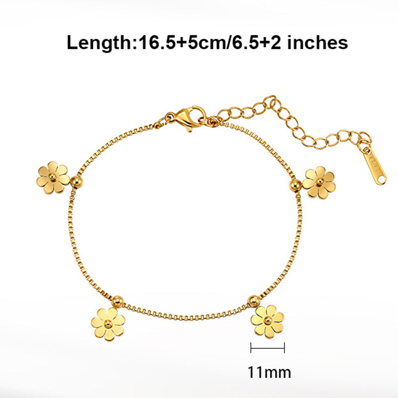 Silver Stainless Steel Daisy Flower Bracelet, 4 Daisy Charms & Spacer Beads, Box Chain Adjustable Bracelet
