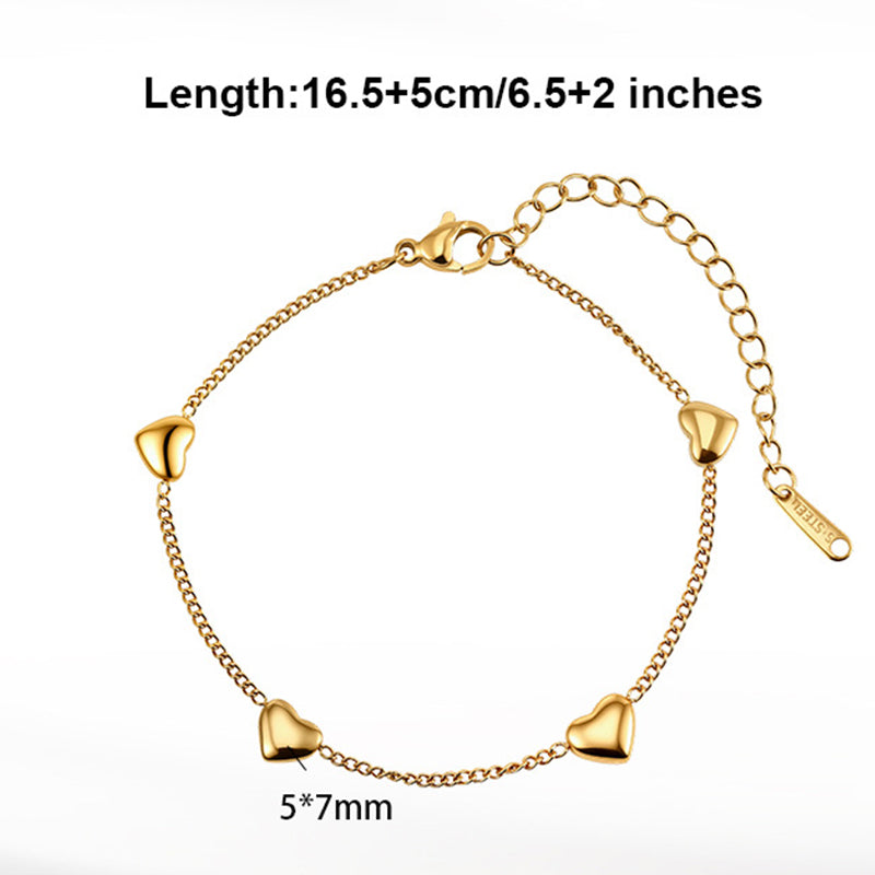 Gold Plated Stainless Steel Multi Puffy Heart Bracelet, 4 Smooth 3D Heart Charms on Thin Cable Chain