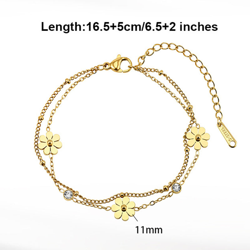 Gold Plated Stainless Steel Double Layer Daisy Bracelet, 3 Daisy Charms with 2 Round CZ Stones, Stackable Two Strand Chain