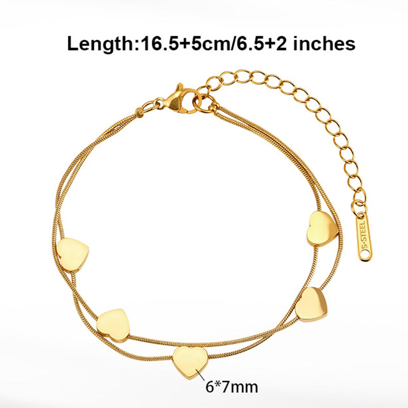 Gold Plated Stainless Steel Double Layer Snake Chain Bracelet, 5 Puffy Heart Charms, Adjustable Extension