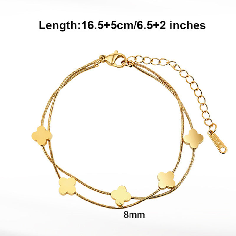 Gold Plated Stainless Steel Double Layer Snake Chain Clover Bracelet, 4 Solid Four Leaf Clover Charms
