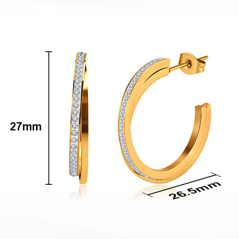 Silver Stainless Steel Double Layer Open C Hoop Earrings With Paved CZ Stones